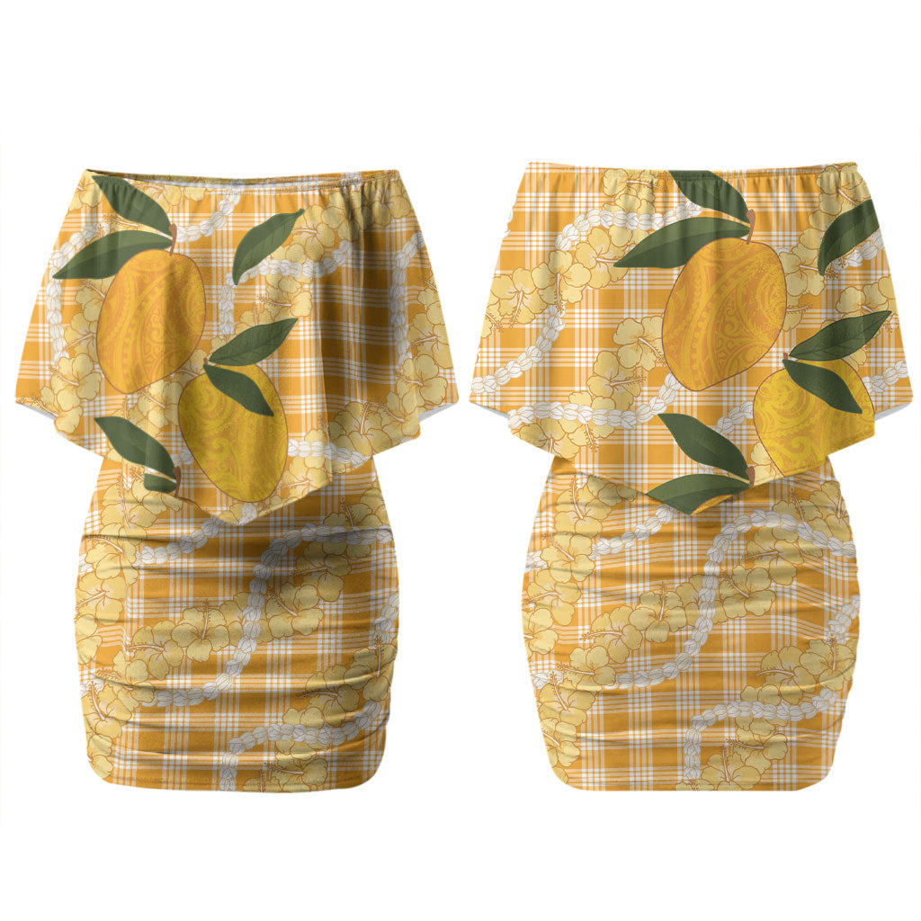 Alani Hawaiian Mango Palaka Family Matching Off Shoulder Short Dress and Hawaiian Shirt Aloha Hibiscus Pikake Lei