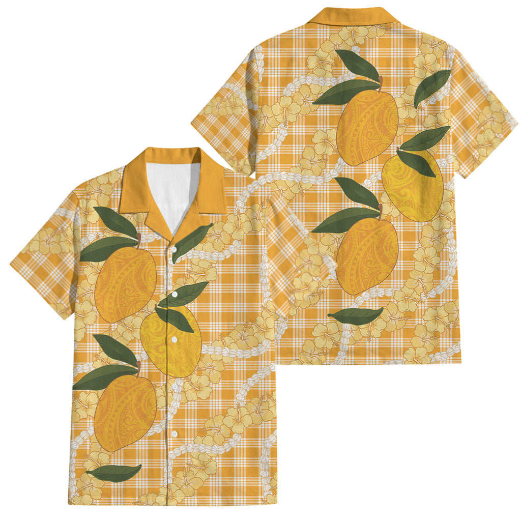 Alani Hawaiian Mango Palaka Family Matching Off Shoulder Short Dress and Hawaiian Shirt Aloha Hibiscus Pikake Lei