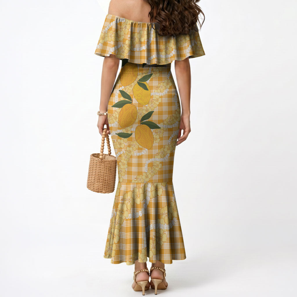 Alani Hawaiian Mango Palaka Mermaid Dress Aloha Hibiscus Pikake Lei
