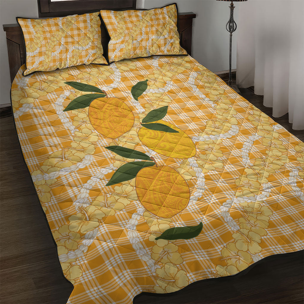 Alani Hawaiian Mango Palaka Quilt Bed Set Aloha Hibiscus Pikake Lei