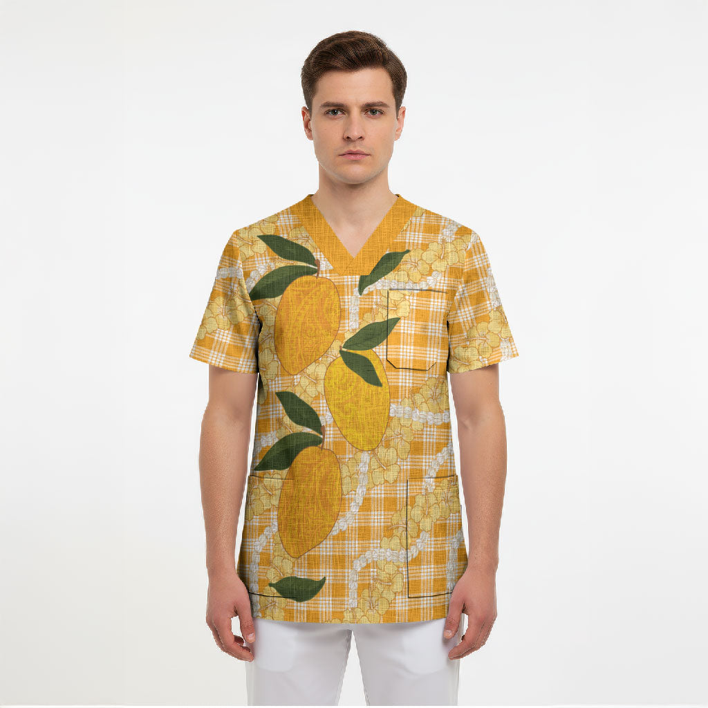 Alani Hawaiian Mango Palaka Scrub Top Aloha Hibiscus Pikake Lei