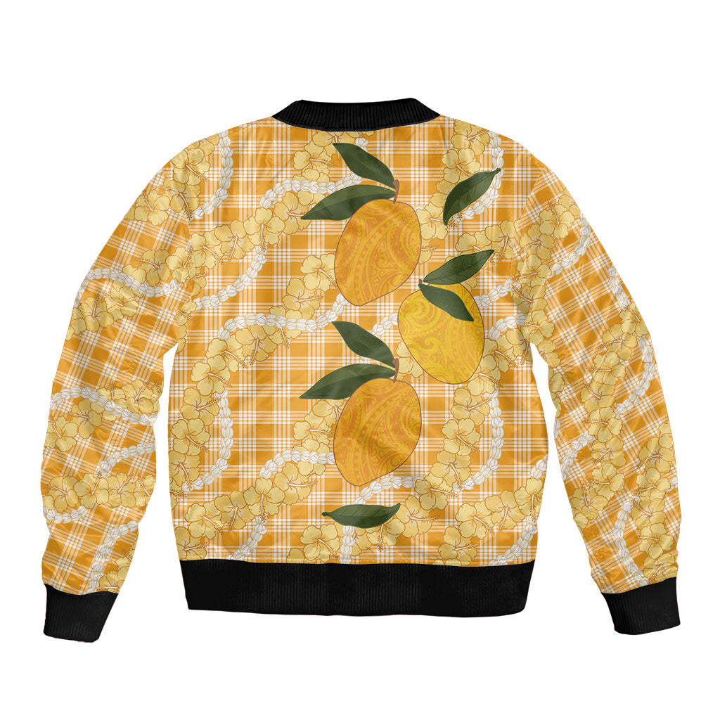 Alani Hawaiian Mango Palaka Sleeve Zip Bomber Jacket Aloha Hibiscus Pikake Lei