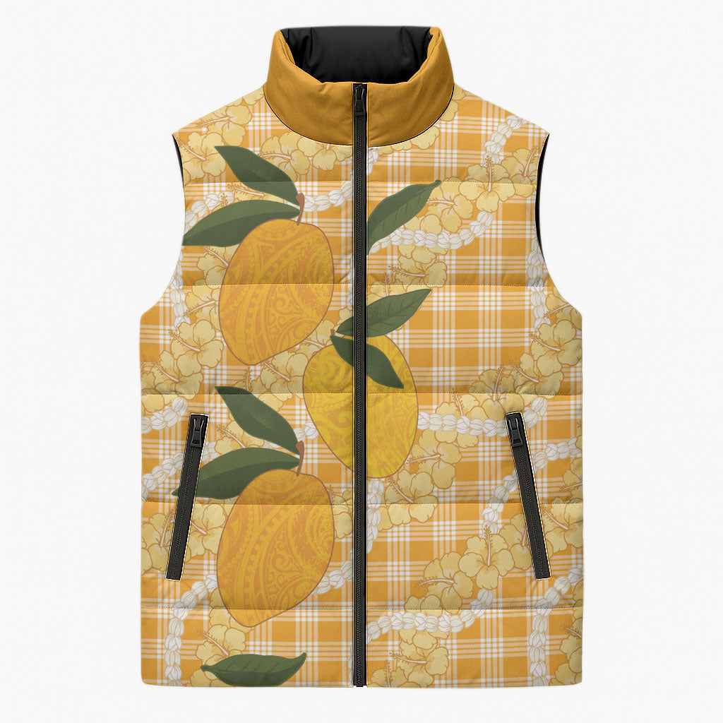 Alani Hawaiian Mango Palaka Sleeveless Puffer Jacket Aloha Hibiscus Pikake Lei