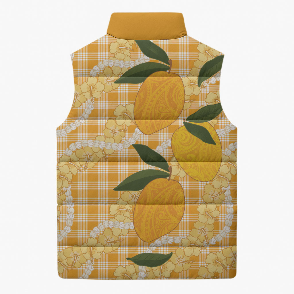 Alani Hawaiian Mango Palaka Sleeveless Puffer Jacket Aloha Hibiscus Pikake Lei
