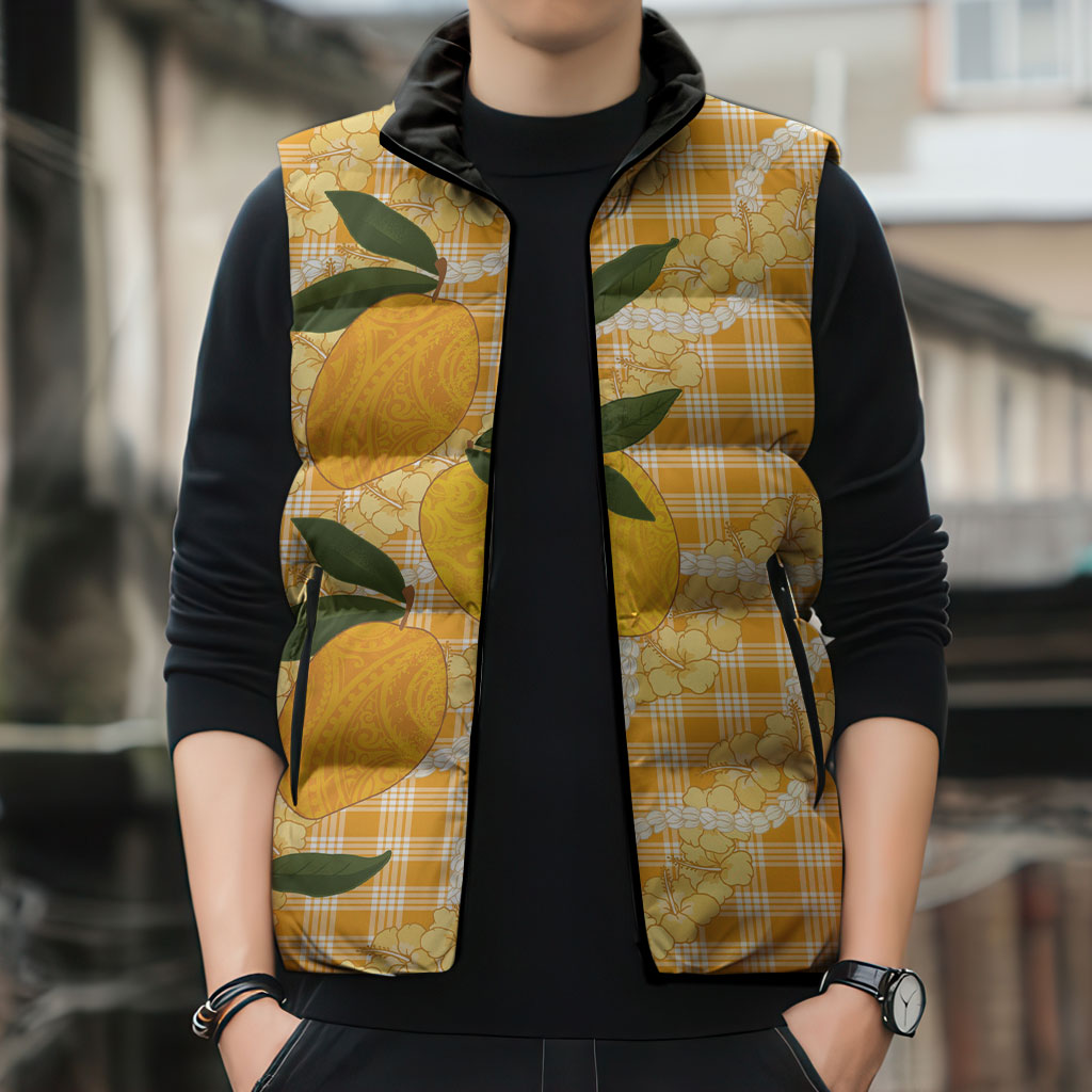 Alani Hawaiian Mango Palaka Sleeveless Puffer Jacket Aloha Hibiscus Pikake Lei