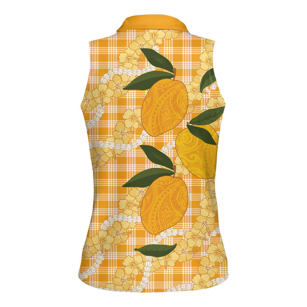 Alani Hawaiian Mango Palaka Women Sleeveless Polo Shirt Aloha Hibiscus Pikake Lei