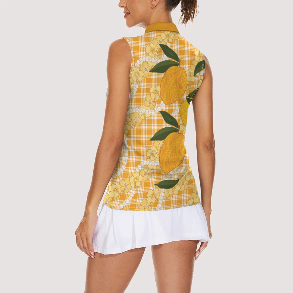 Alani Hawaiian Mango Palaka Women Sleeveless Polo Shirt Aloha Hibiscus Pikake Lei