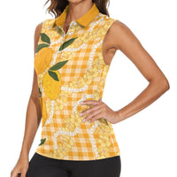 Alani Hawaiian Mango Palaka Women Sleeveless Polo Shirt Aloha Hibiscus Pikake Lei