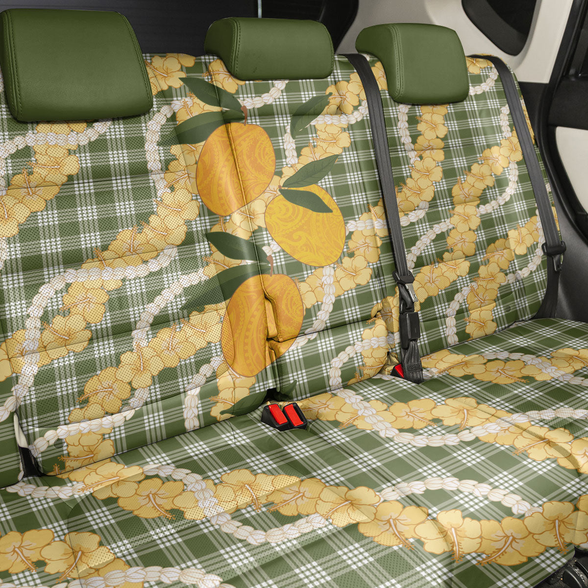Uliuli Ahiahia Hawaiian Mango Palaka Back Car Seat Cover Aloha Hibiscus Pikake Lei