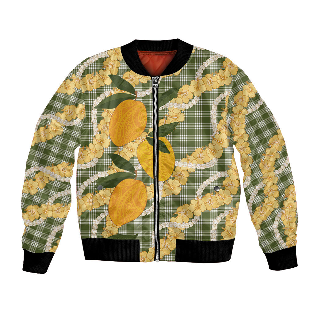 Uliuli Ahiahia Hawaiian Mango Palaka Bomber Jacket Aloha Hibiscus Pikake Lei