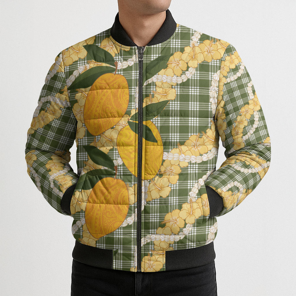 Uliuli Ahiahia Hawaiian Mango Palaka Bomber Puffer Jacket Aloha Hibiscus Pikake Lei