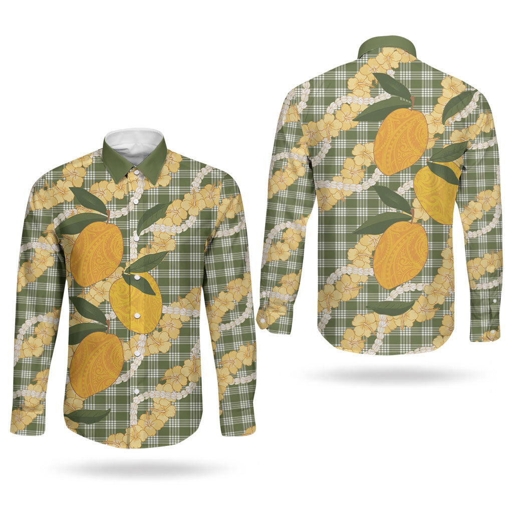 Uliuli Ahiahia Hawaiian Mango Palaka Couples Matching Mermaid Dress and Long Sleeve Button Shirt Aloha Hibiscus Pikake Lei