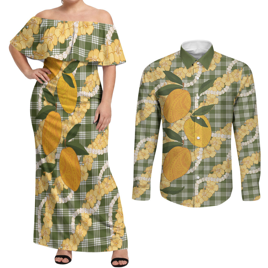 Uliuli Ahiahia Hawaiian Mango Palaka Couples Matching Off Shoulder Maxi Dress and Long Sleeve Button Shirt Aloha Hibiscus Pikake Lei