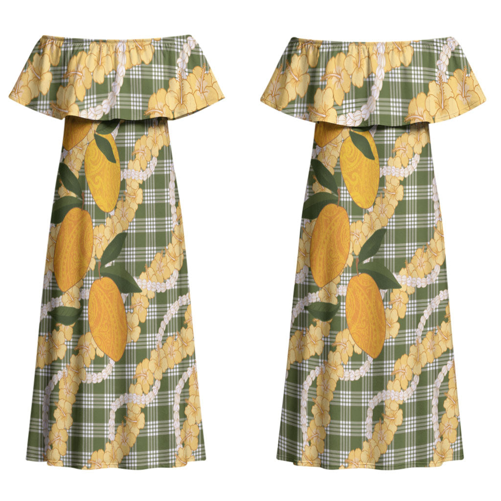 Uliuli Ahiahia Hawaiian Mango Palaka Couples Matching Off Shoulder Maxi Dress and Long Sleeve Button Shirt Aloha Hibiscus Pikake Lei