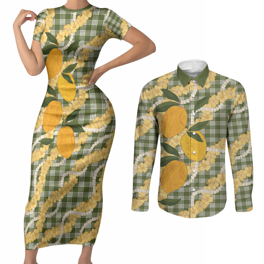 Uliuli Ahiahia Hawaiian Mango Palaka Couples Matching Short Sleeve Bodycon Dress and Long Sleeve Button Shirt Aloha Hibiscus Pikake Lei