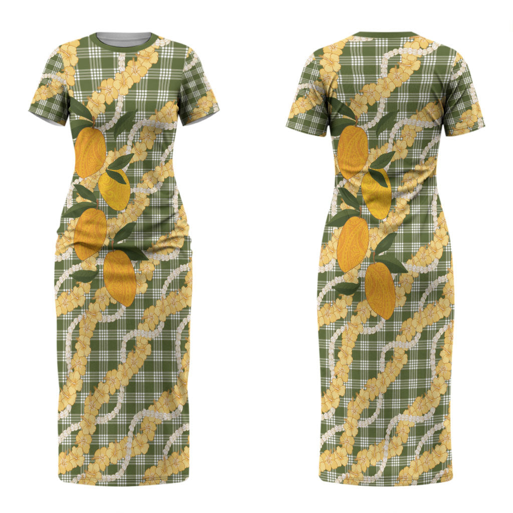 Uliuli Ahiahia Hawaiian Mango Palaka Couples Matching Short Sleeve Bodycon Dress and Long Sleeve Button Shirt Aloha Hibiscus Pikake Lei