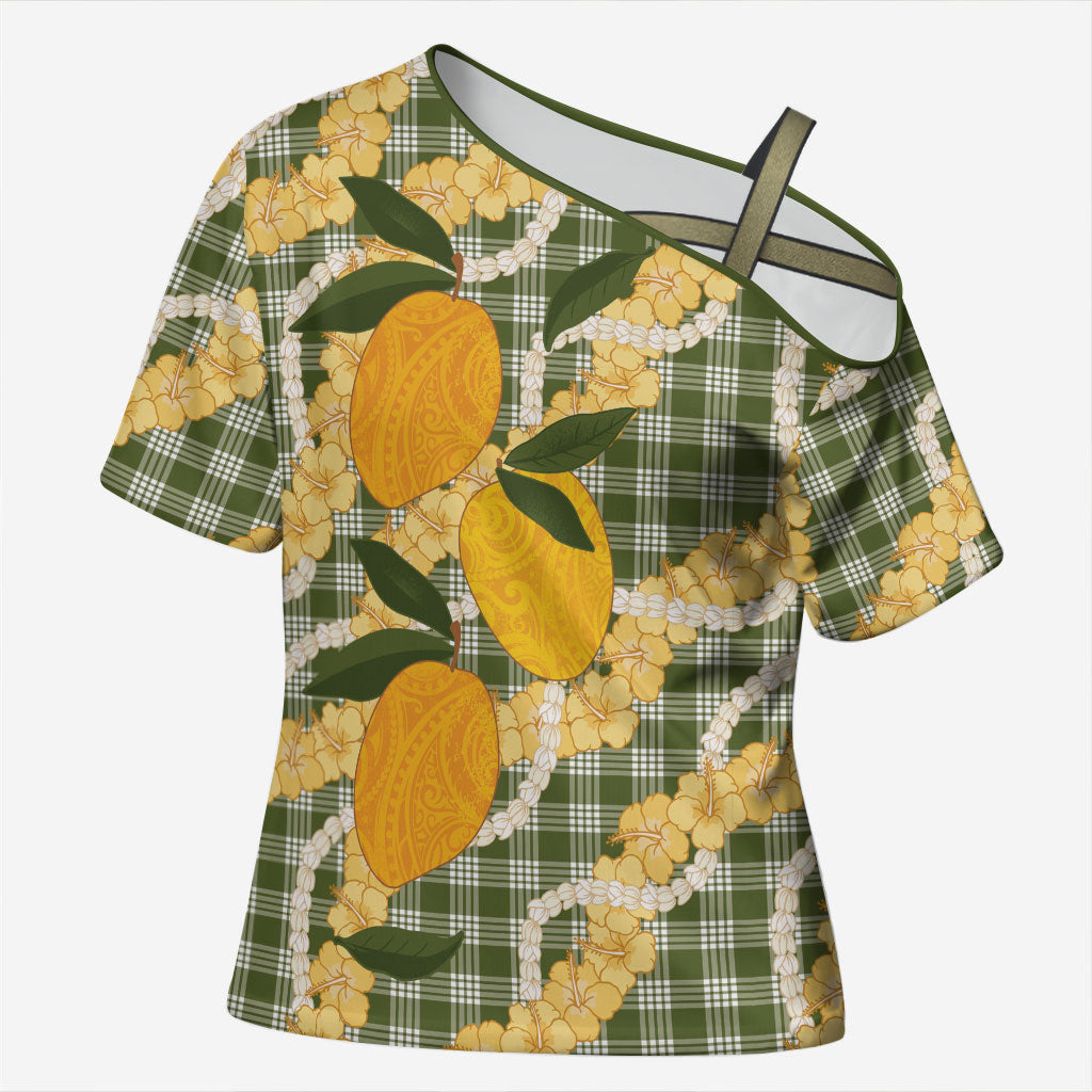 Uliuli Ahiahia Hawaiian Mango Palaka Cross Shoulder Shirt Aloha Hibiscus Pikake Lei
