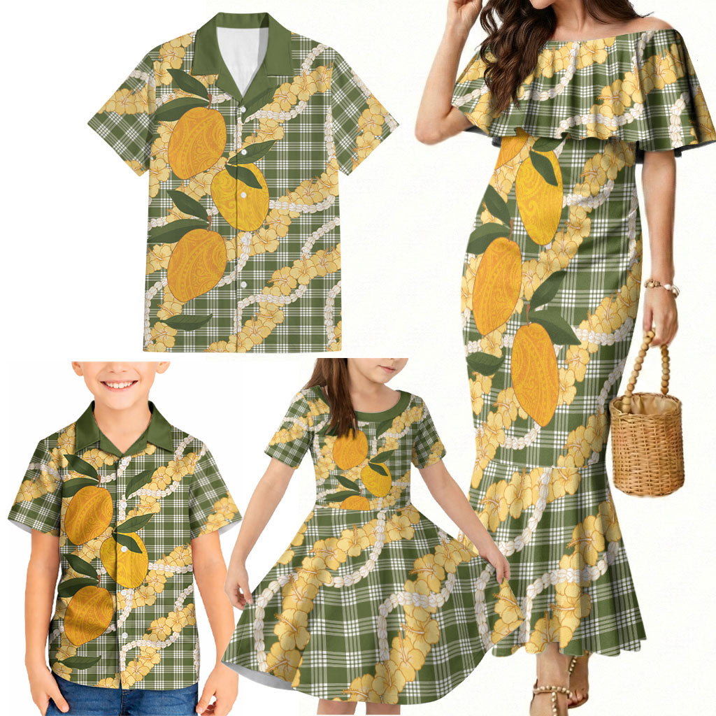 Uliuli Ahiahia Hawaiian Mango Palaka Family Matching Mermaid Dress and Hawaiian Shirt Aloha Hibiscus Pikake Lei