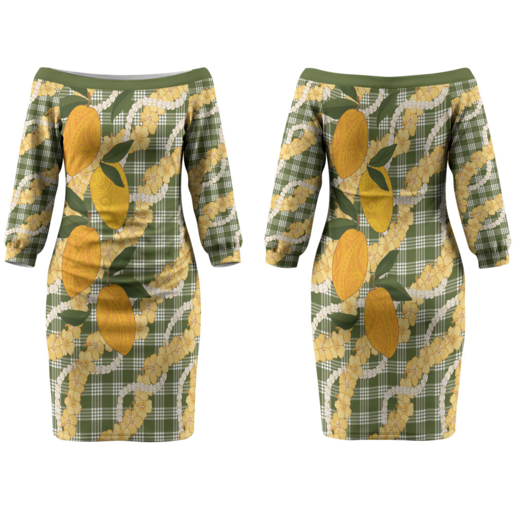 Uliuli Ahiahia Hawaiian Mango Palaka Family Matching Off The Shoulder Long Sleeve Dress and Hawaiian Shirt Aloha Hibiscus Pikake Lei