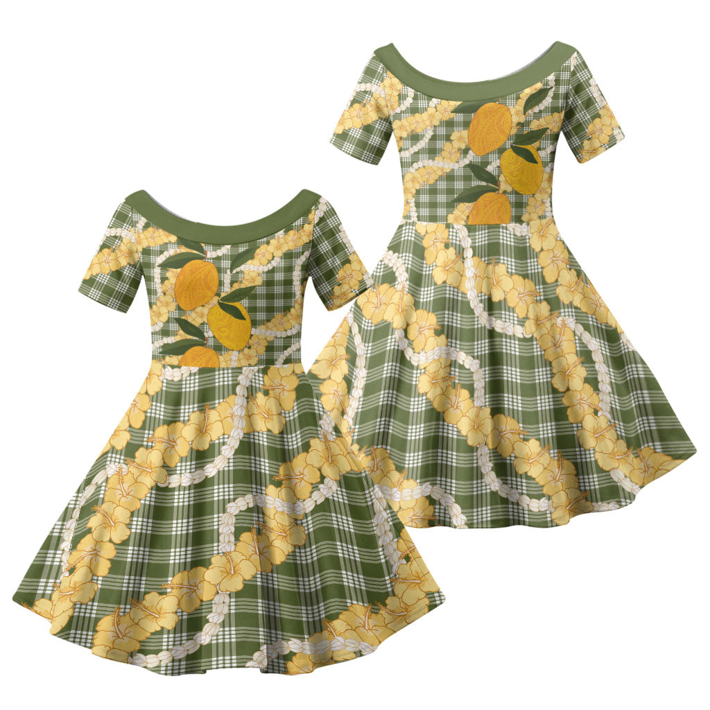 Uliuli Ahiahia Hawaiian Mango Palaka Family Matching Off The Shoulder Long Sleeve Dress and Hawaiian Shirt Aloha Hibiscus Pikake Lei