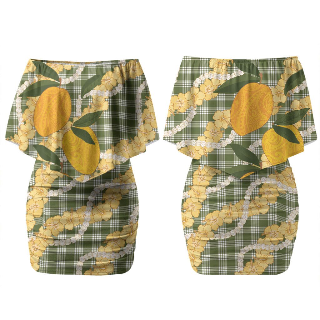 Uliuli Ahiahia Hawaiian Mango Palaka Family Matching Off Shoulder Short Dress and Hawaiian Shirt Aloha Hibiscus Pikake Lei