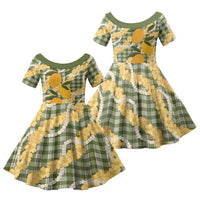 Uliuli Ahiahia Hawaiian Mango Palaka Family Matching Short Sleeve Bodycon Dress and Hawaiian Shirt Aloha Hibiscus Pikake Lei