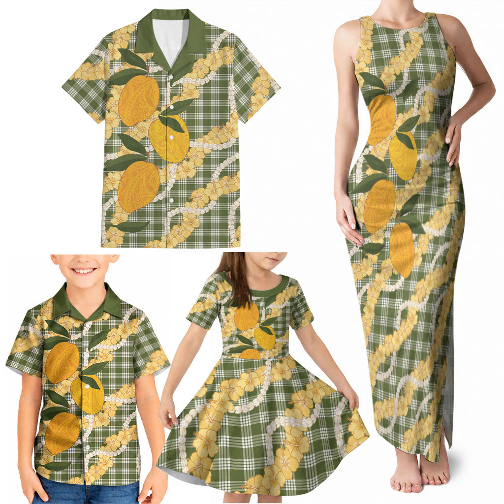 Uliuli Ahiahia Hawaiian Mango Palaka Family Matching Tank Maxi Dress and Hawaiian Shirt Aloha Hibiscus Pikake Lei
