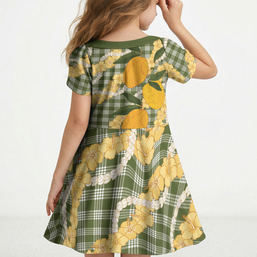 Uliuli Ahiahia Hawaiian Mango Palaka Kid Short Sleeve Dress Aloha Hibiscus Pikake Lei