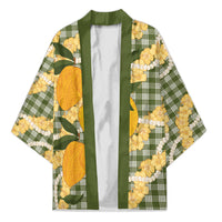 Uliuli Ahiahia Hawaiian Mango Palaka Kimono Aloha Hibiscus Pikake Lei