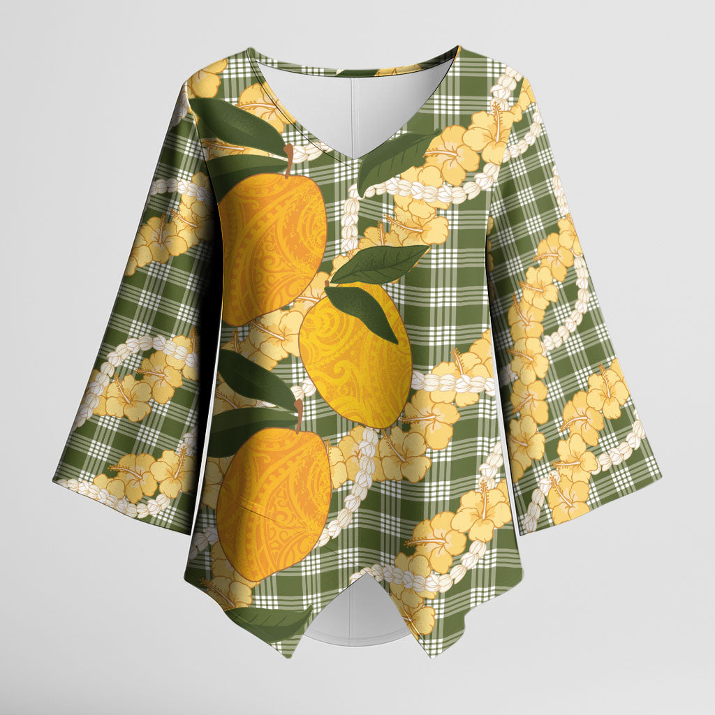 Uliuli Ahiahia Hawaiian Mango Palaka Kimono Sleeve Blouse Aloha Hibiscus Pikake Lei