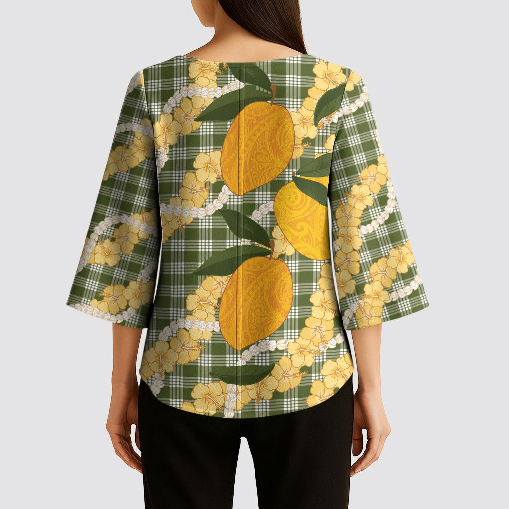 Uliuli Ahiahia Hawaiian Mango Palaka Kimono Sleeve Blouse Aloha Hibiscus Pikake Lei