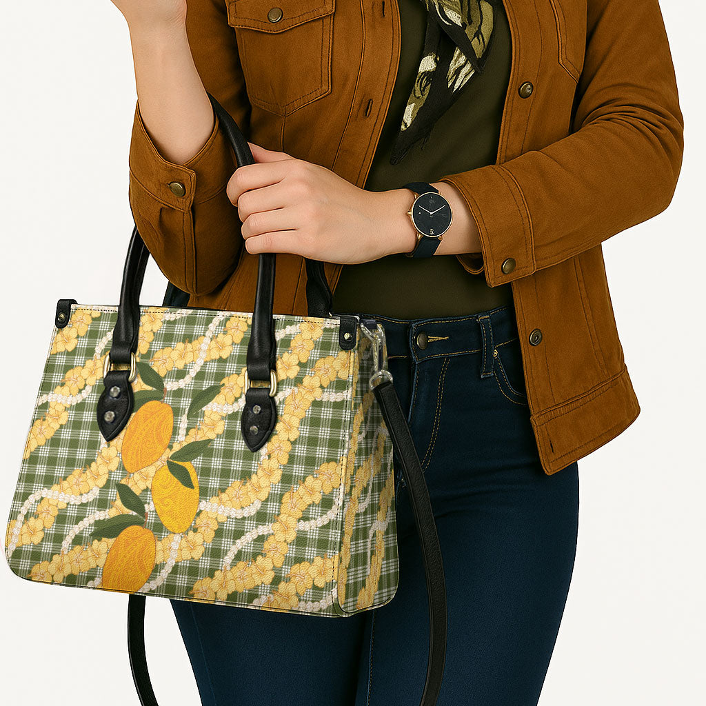 Uliuli Ahiahia Hawaiian Mango Palaka Leather Bag Aloha Hibiscus Pikake Lei