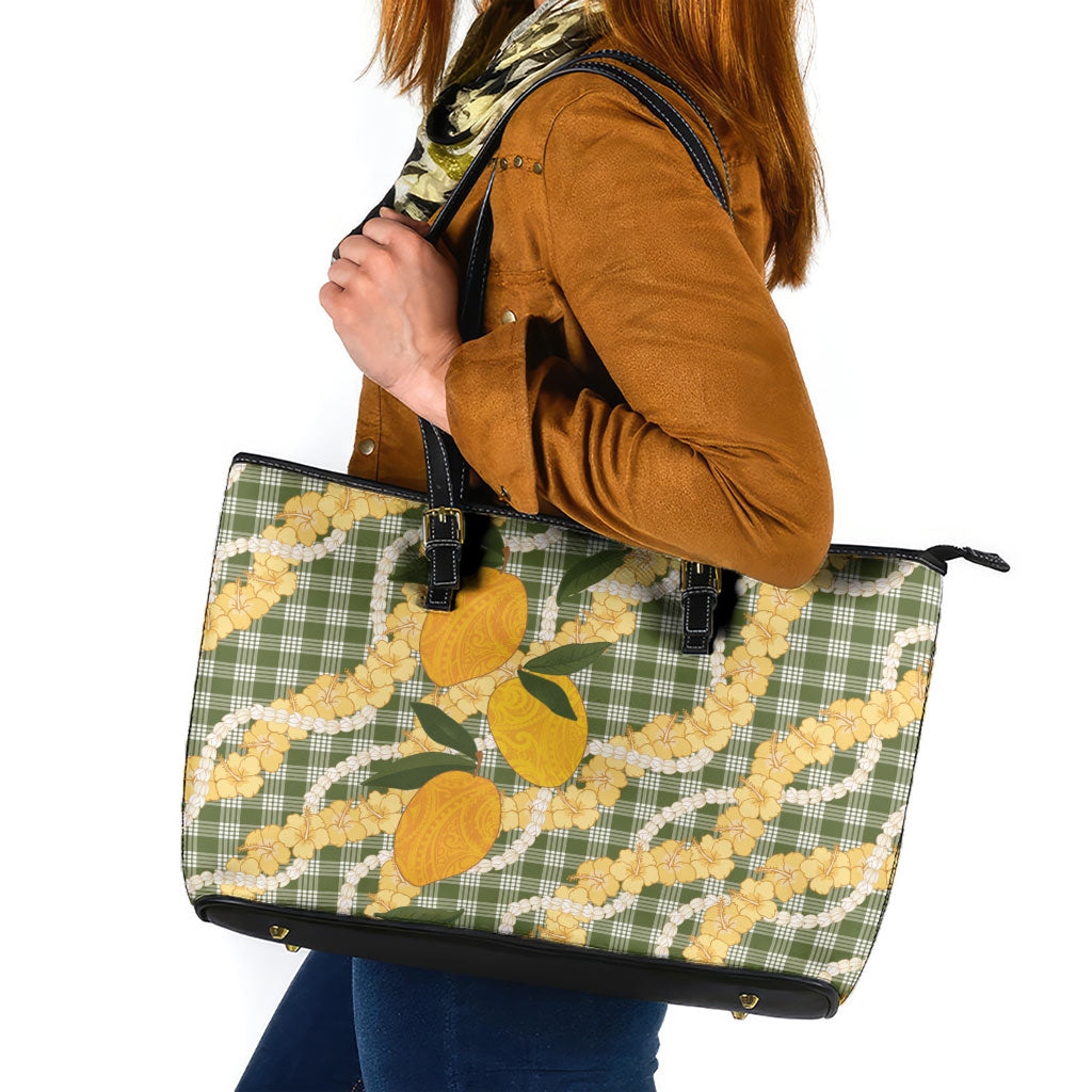 Uliuli Ahiahia Hawaiian Mango Palaka Leather Tote Bag Aloha Hibiscus Pikake Lei