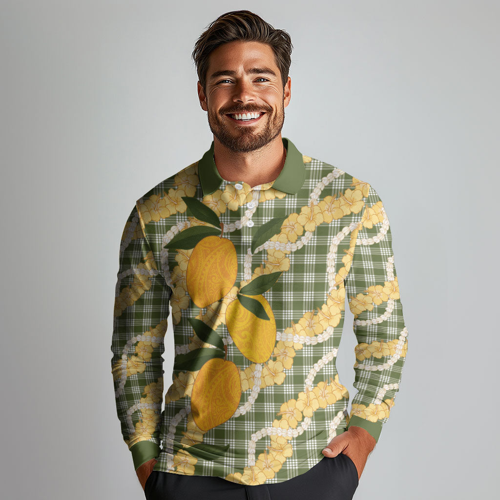 Uliuli Ahiahia Hawaiian Mango Palaka Long Sleeve Polo Shirt Aloha Hibiscus Pikake Lei