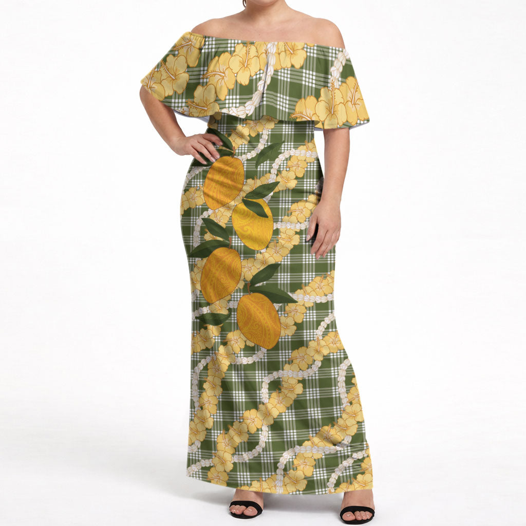 Uliuli Ahiahia Hawaiian Mango Palaka Off Shoulder Maxi Dress Aloha Hibiscus Pikake Lei