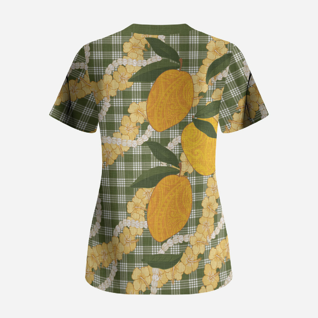 Uliuli Ahiahia Hawaiian Mango Palaka Scrub Top Aloha Hibiscus Pikake Lei