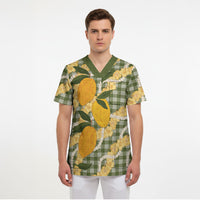 Uliuli Ahiahia Hawaiian Mango Palaka Scrub Top Aloha Hibiscus Pikake Lei