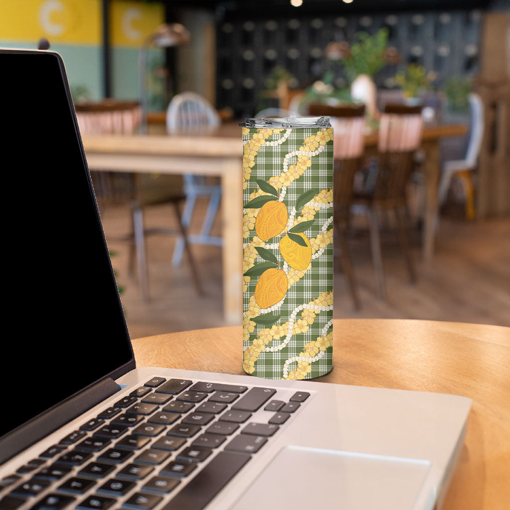 Uliuli Ahiahia Hawaiian Mango Palaka Skinny Tumbler Aloha Hibiscus Pikake Lei