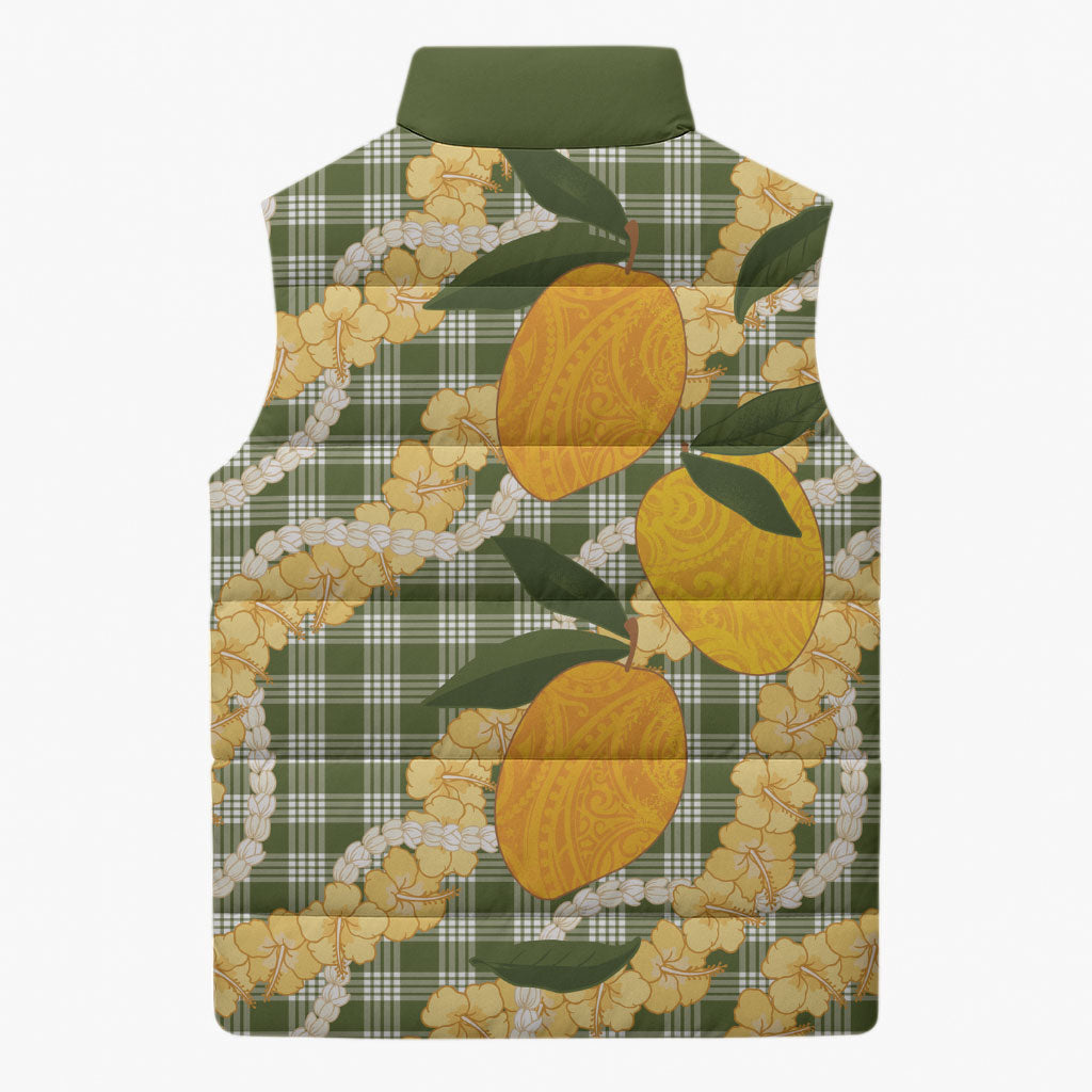 Uliuli Ahiahia Hawaiian Mango Palaka Sleeveless Puffer Jacket Aloha Hibiscus Pikake Lei