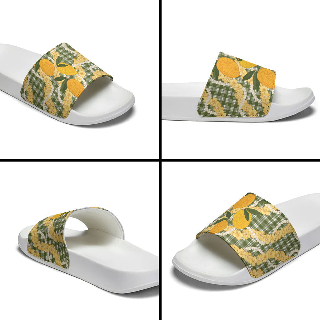 Uliuli Ahiahia Hawaiian Mango Palaka Slide Sandals Aloha Hibiscus Pikake Lei