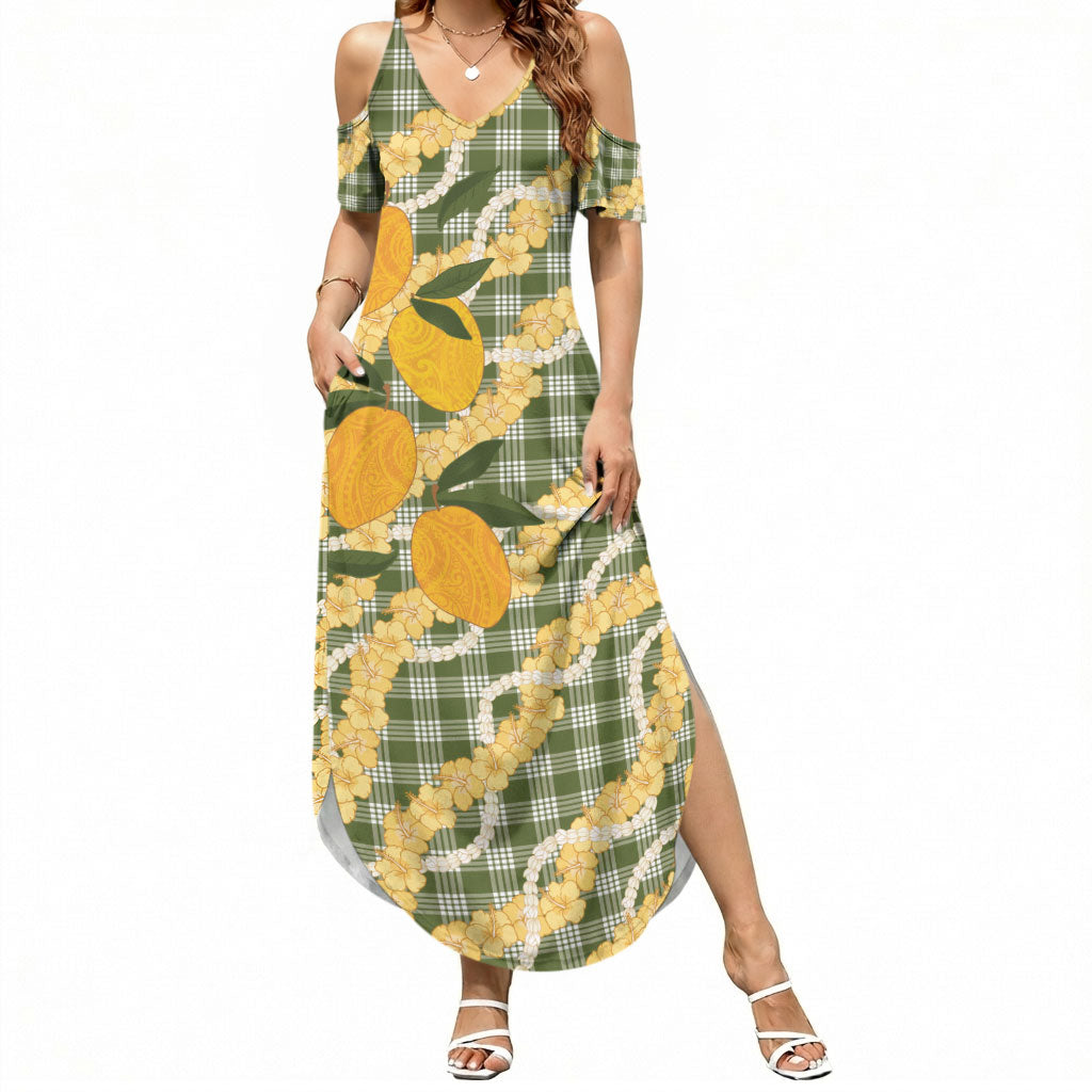 Uliuli Ahiahia Hawaiian Mango Palaka Summer Maxi Dress Aloha Hibiscus Pikake Lei