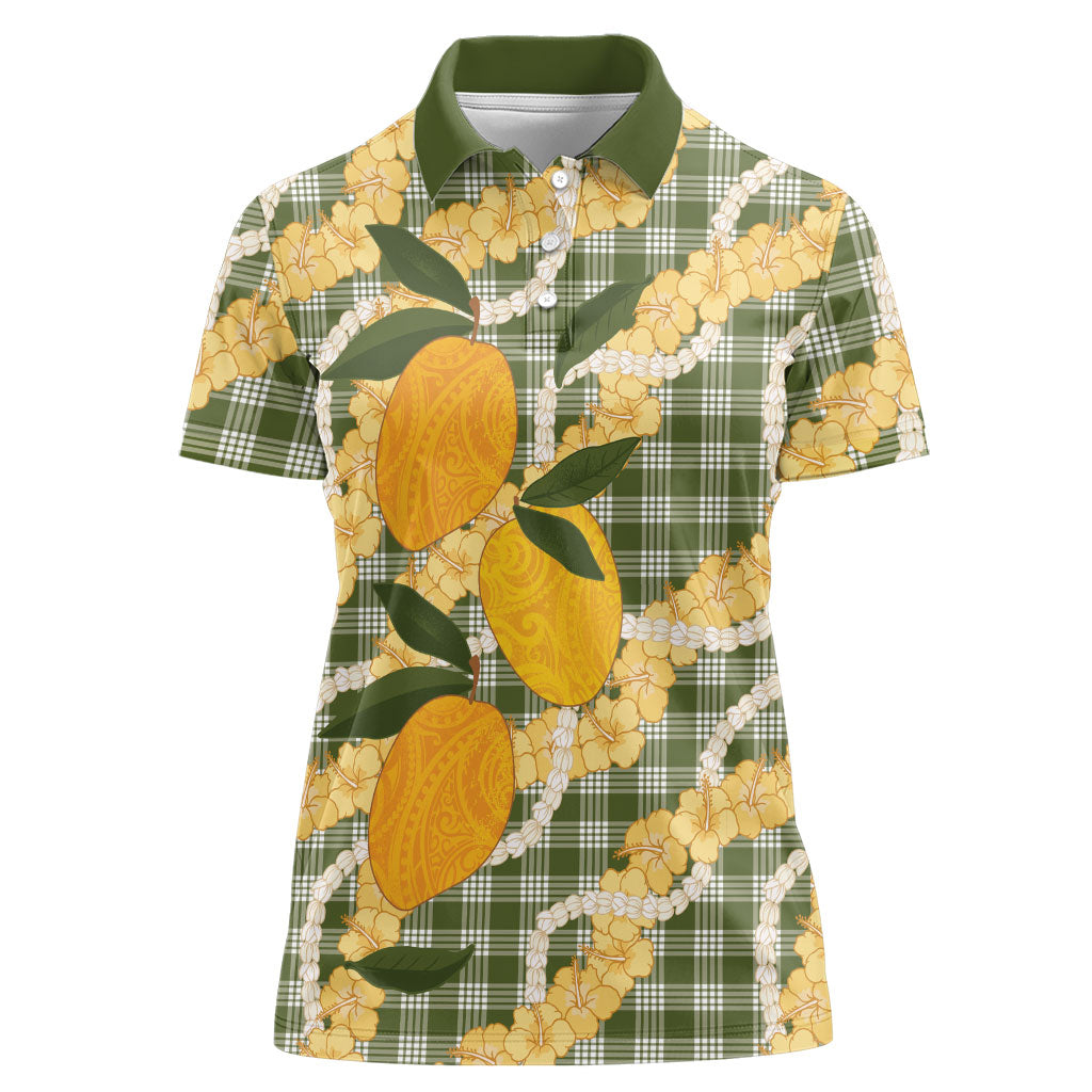Uliuli Ahiahia Hawaiian Mango Palaka Women Polo Shirt Aloha Hibiscus Pikake Lei