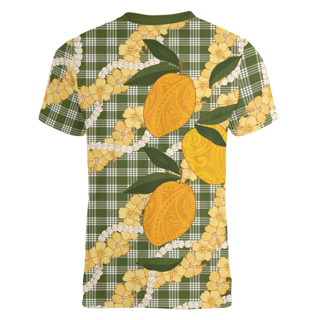 Uliuli Ahiahia Hawaiian Mango Palaka Women V-Neck T-Shirt Aloha Hibiscus Pikake Lei