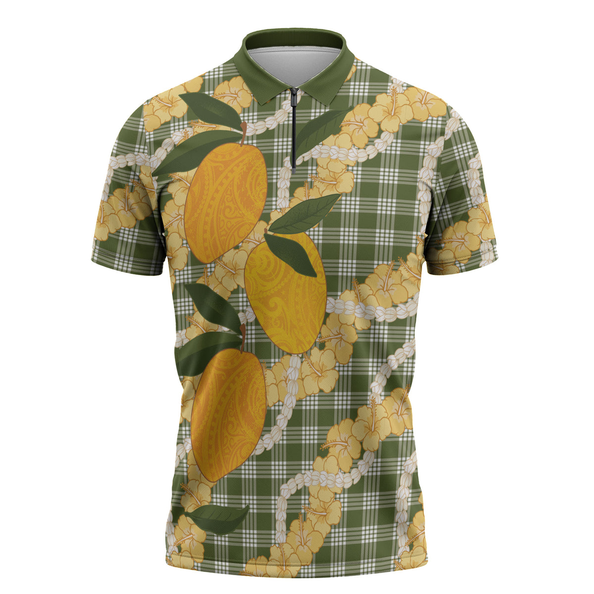 Uliuli Ahiahia Hawaiian Mango Palaka Zipper Polo Shirt Aloha Hibiscus Pikake Lei