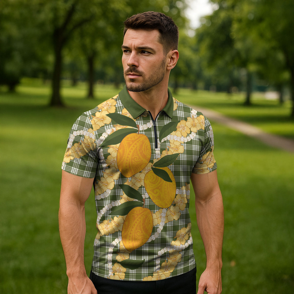 Uliuli Ahiahia Hawaiian Mango Palaka Zipper Polo Shirt Aloha Hibiscus Pikake Lei