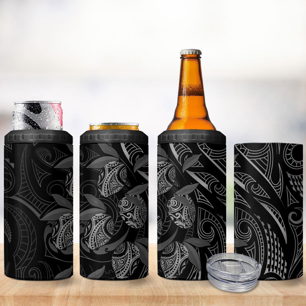 Hawaiian Mango Tribal Tattoo 4 in 1 Can Cooler Tumbler Black White Pacific Traditional Pattern