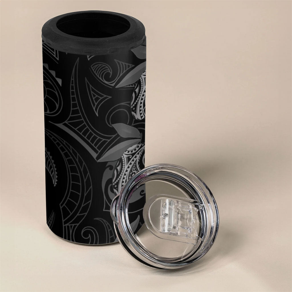 Hawaiian Mango Tribal Tattoo 4 in 1 Can Cooler Tumbler Black White Pacific Traditional Pattern