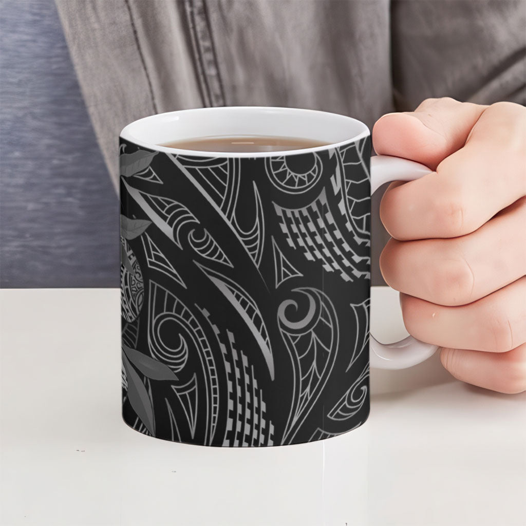 Hawaiian Mango Tribal Tattoo Ceramic Mug Black White Pacific Traditional Pattern