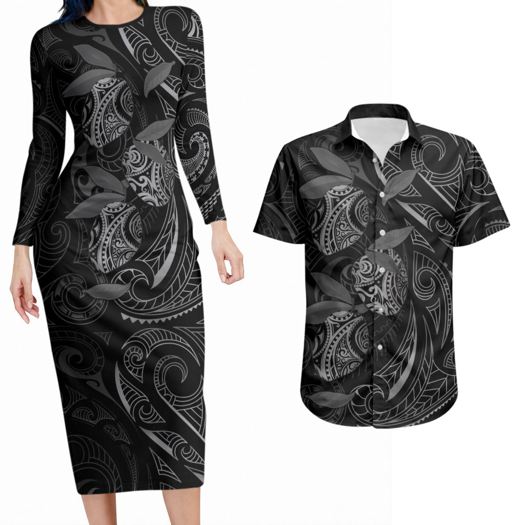 Hawaiian Mango Tribal Tattoo Couples Matching Long Sleeve Bodycon Dress and Hawaiian Shirt Black White Pacific Traditional Pattern