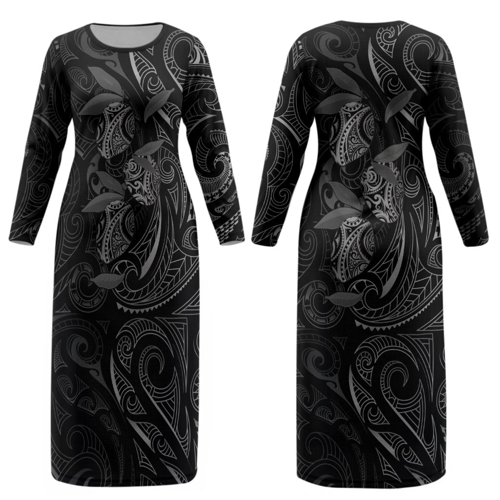 Hawaiian Mango Tribal Tattoo Couples Matching Long Sleeve Bodycon Dress and Hawaiian Shirt Black White Pacific Traditional Pattern
